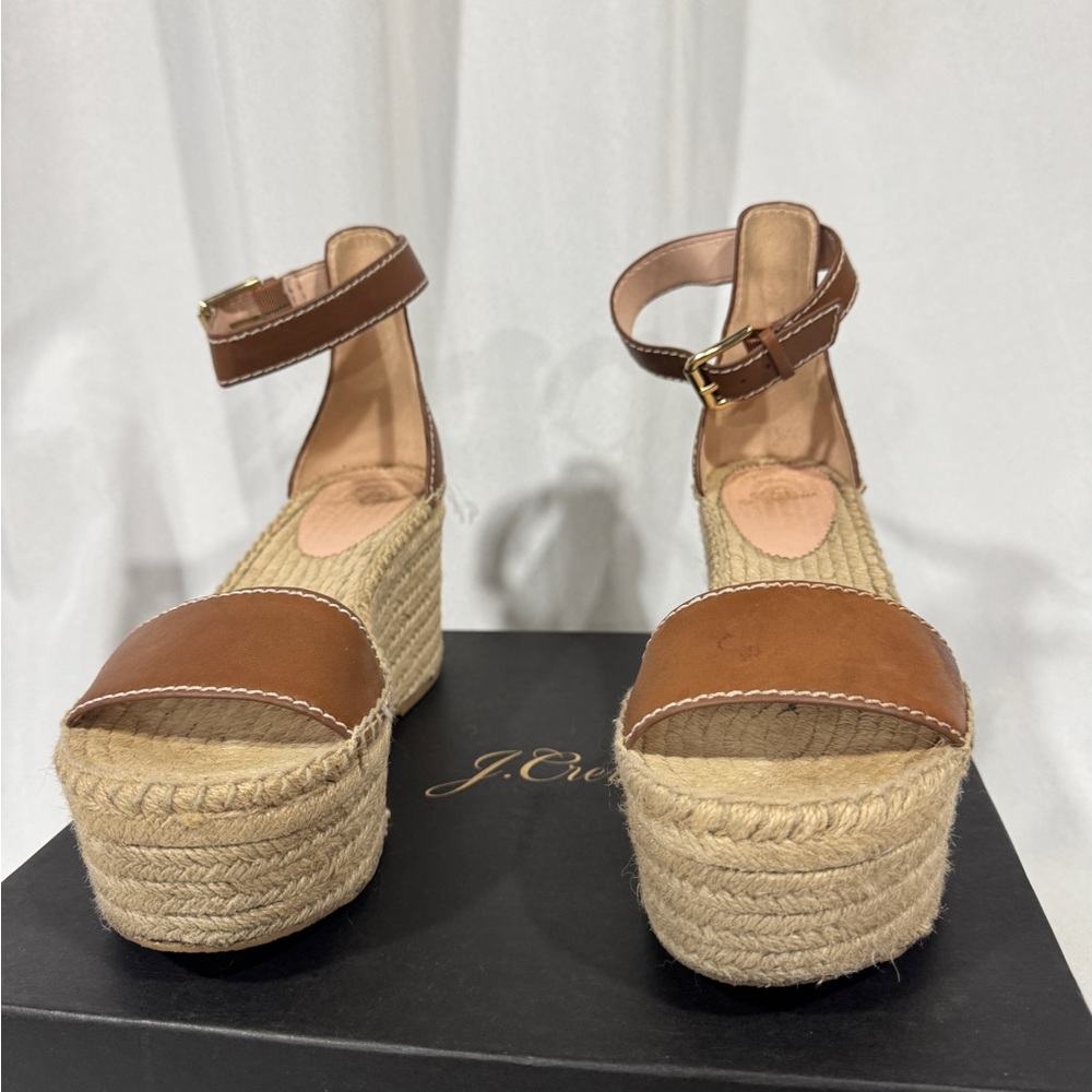 J. Crew Vacation ready Platform  Tan Leather Wedge Sandals
ankle strap size 7.5